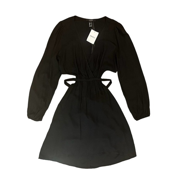NWT Forever 21 Dress Womens Black Deep V-Neck Long Sleeve Cutout Tie Back Size L - Picture 5 of 16